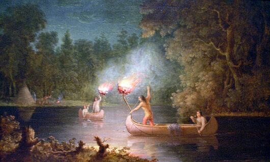 Пол Кейн. Охота индейцев меномини на лосося при свете факела на реке Фокс (Royal Ontario Museum)