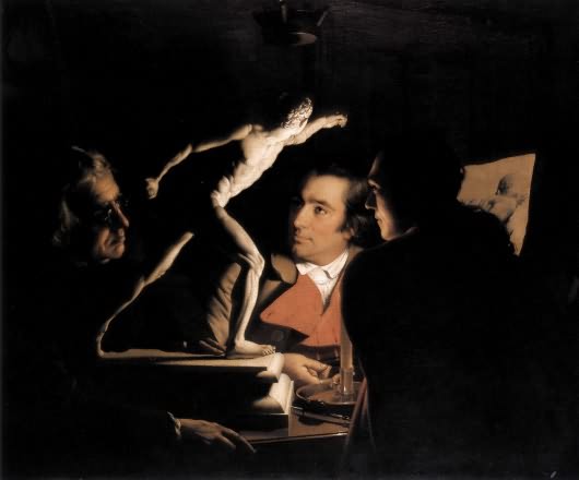 Джозеф Райт. Три человека, рассматривающих статую гладиатора при свечах (1765) 